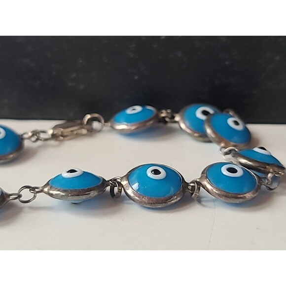 925 Sterling Silver Evil Eye Beaded Blue Glass Bracelet Vintage - Picture 5 of 10